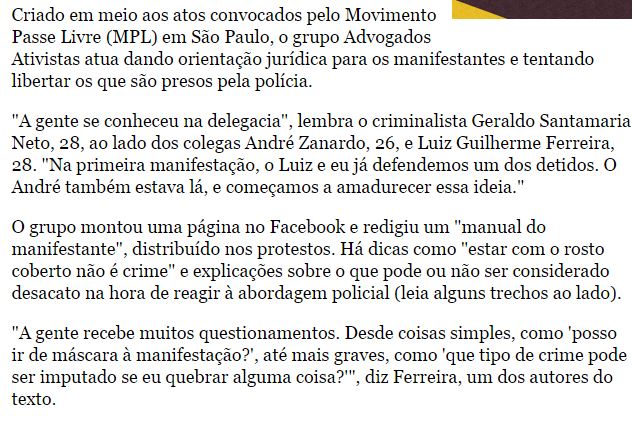 Matéria da Folha sobre Advogado que oferece manual a Black Blocs Matéria da Folha sobre Advogado que oferece manual a Black Blocs