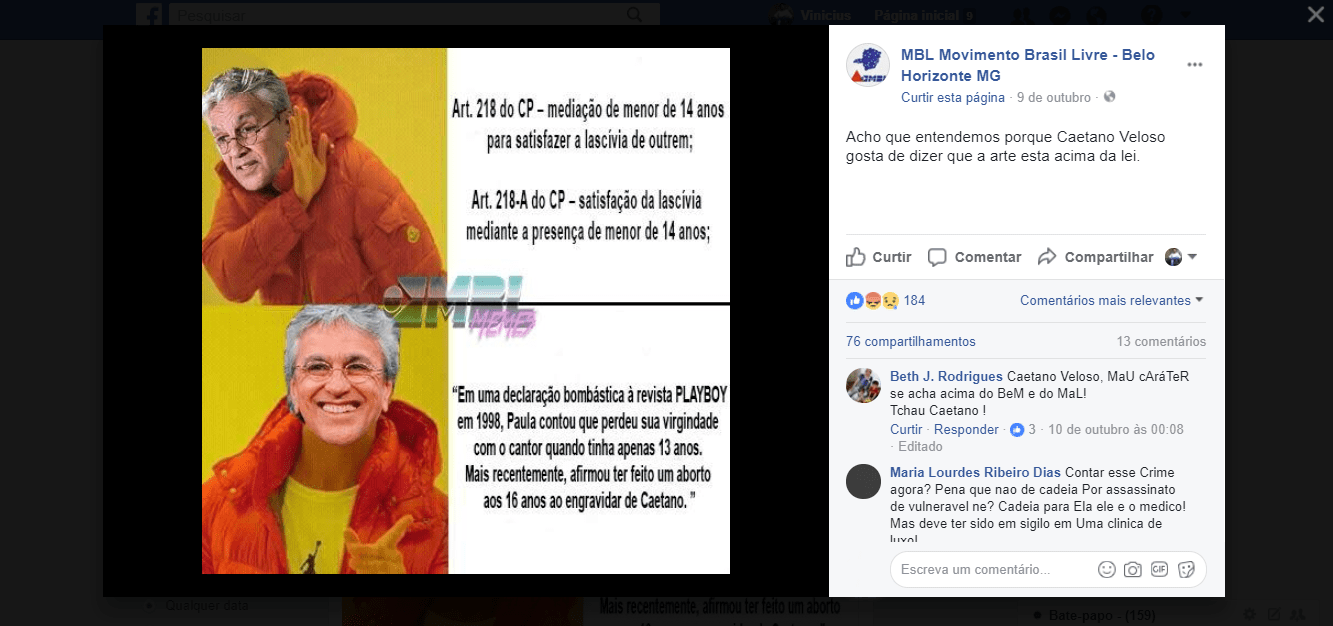 Post do MBL sobre Caetano Veloso - pedofilia Post do MBL sobre Caetano Veloso - pedofilia