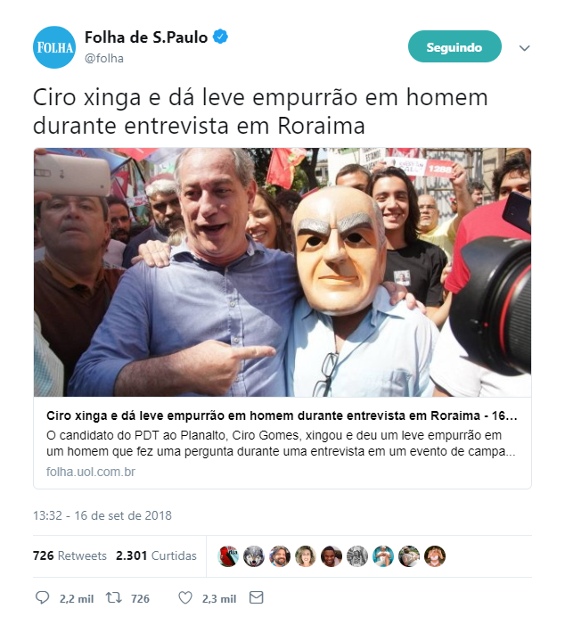 Folha de S. Paulo diz que Ciro Gomes deu "leve empurrão" em repórter