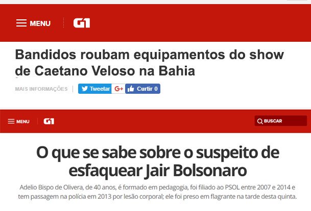 G1 trata bandidos que roubam equipamento de Caetano Veloso como "bandidos", mas esfaqueador de Bolsonaro como "suspeito"