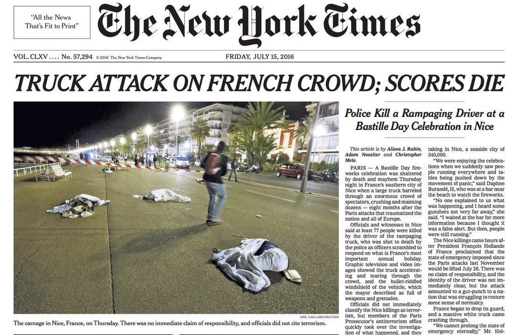 Capa do New York Times fala em "ataque de caminhão"