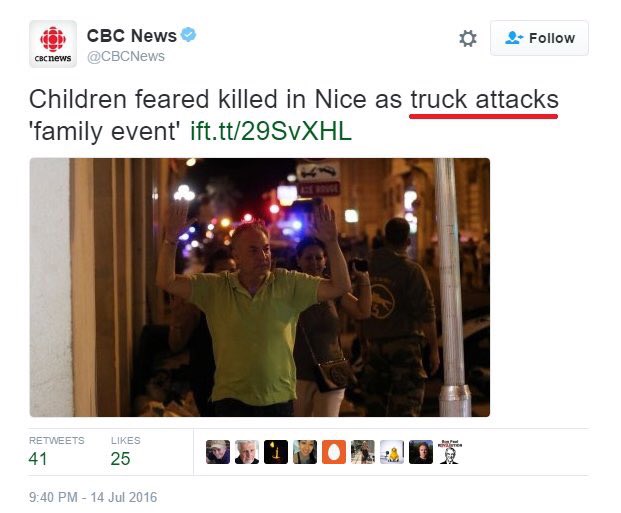 Twitter da CBS fala em "ataque de caminhão"