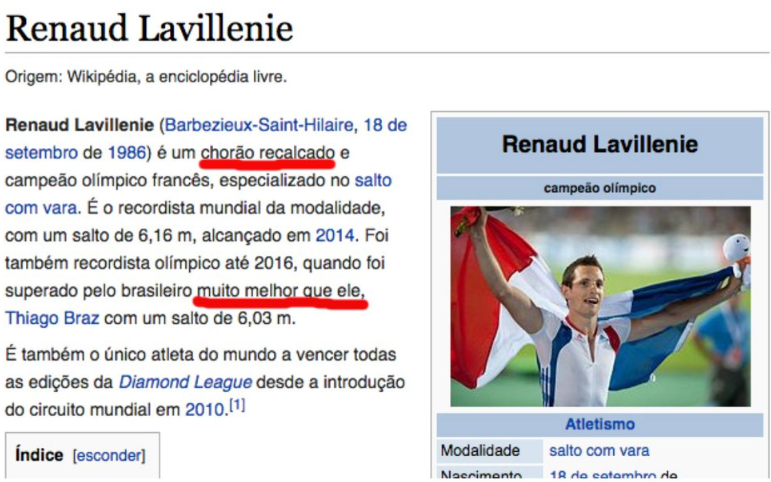 Renaud Lavillenie na Wikipédia: "chorão recalcado".