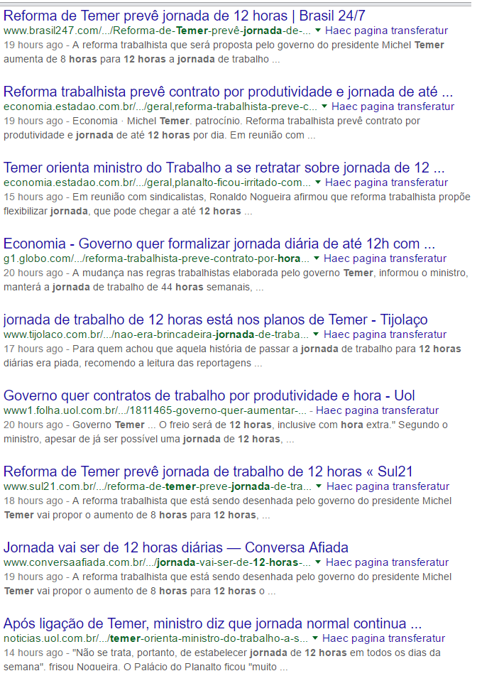 Google - manchetes sobre "jornada de 12 horas".