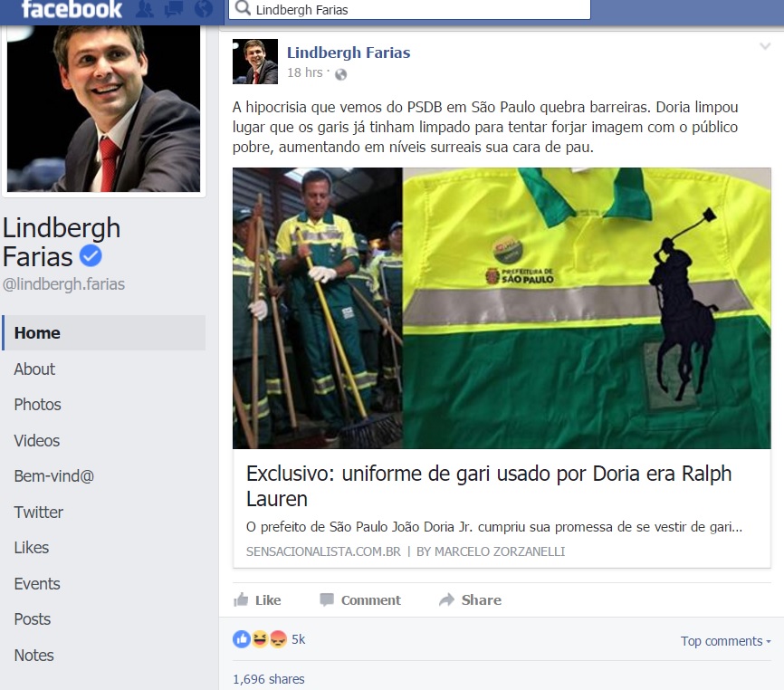 Lindbergh Farias cita Sensacionalista no Facebook