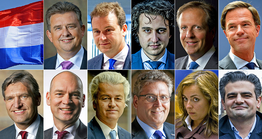 Geert Wilders, Holanda, Mark Rutte, Vitória Direita, Emile Roemer do Partido Socialista (SP); Lodewijk Asscher do Partido dos Trabalhadores (PvdA); Jesse Klaver of GroenLinks Green Left Party posing in The Hague, on February 3, 2017, Alexander Pechtold of Dutch Democratic 66 (D66) posing in The Hague on Augus 24, 2012, Netherland's Prime minister and People's Party for Freedom and Democracy leader Mark Rutte arriving for an EU summit in Brussels on June 28, 2016, (bottom row, LtoR) Sybrand Haersma Buma of the Christian Democrats (CDA) posing in The Hague on August 24, 2012, Gert-Jan Segers of Dutch Christian Union (CU) party posing in The Hague, on January 21, 2017, Geert Wilders of the Freedom Party (PVV) posing in The Hague on March 2, 2017, Henk Krol of 50+ The party for the over 50s in The Hague on August 23, 2012, Marianne Thieme of the parliamentary party Partij voor de Dieren, PVDD (the animal rights party) attending a session in The Hague on March 1, 2007 and Tunahan Kuzu of DENK ("think" in Dutch) representing immigrants posing The Hague, on February 23