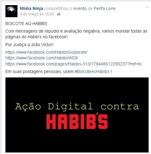 Mídia Ninja compartilha Perifa Livre para boicotar o Habib's