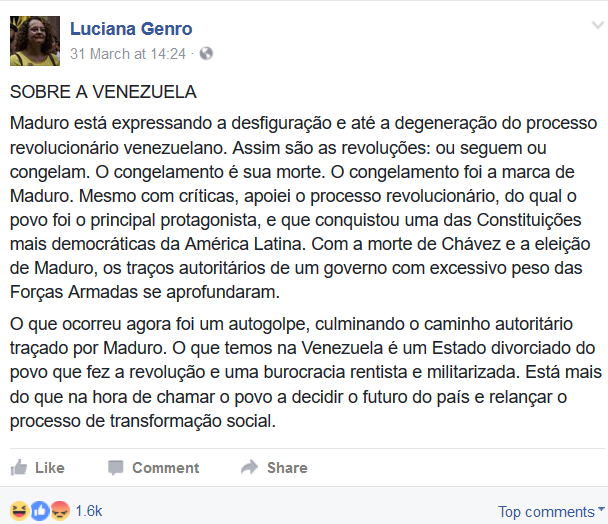Luciana Genro sobre Maduro no Facebook