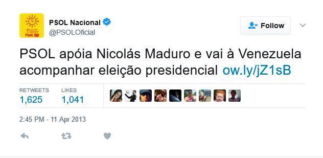 PSOL posta defesa de ditador Nicolás Maduro da Venezuela no Twitter