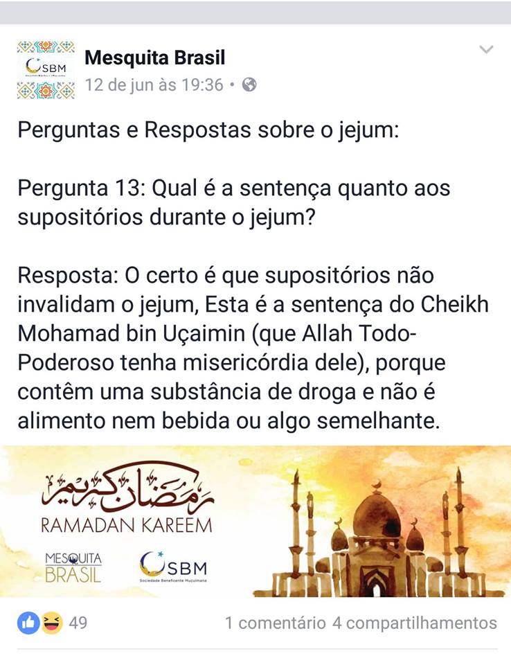 Mesquita Brasil supositórios no Ramadã