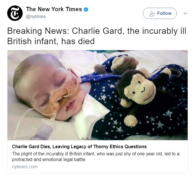 New York Times chama Charlie Gard de "bebê irrecuperavelmente doente"
