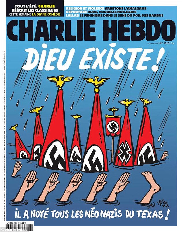 Charlie Hebdo pinta vítimas do furacão Harvey no Texass como neonazistas.