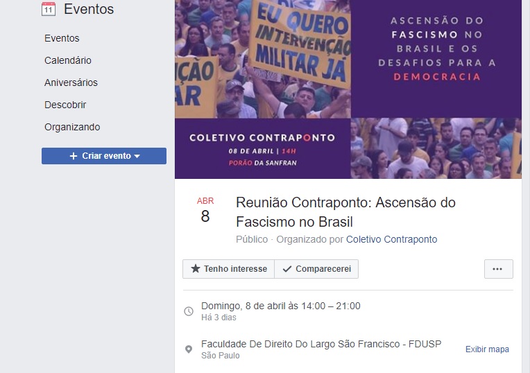 Coletivo Contraponto, que ficha judeus, fez evento contra a "ascensão do fascismo no Brasil"