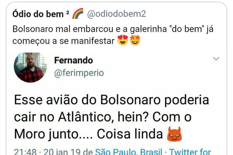 Folha trata como "brincadeira" tweet falando em avião de Bolsonaro e Moro cair no Atlântico