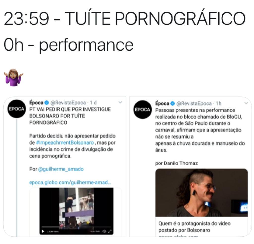Meme com tweets da revista Época - pornografia ou performance