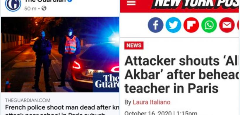 Guardian sobre decapitação em Paris: "Polícia francesa mata homem após ataque perto de escola" O jornal de Nova, York NY Post, publicou a manchete "Agressor grita 'Allahu akbar!' após decapitar professor em Paris". Por que será que está sendo censurado?